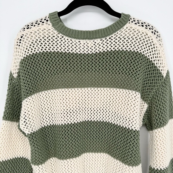 Z Supply Boardbeach Stripe Cotton Crochet Knit Pullover Sweater Palmgreen Ivory - Picture 9 of 10